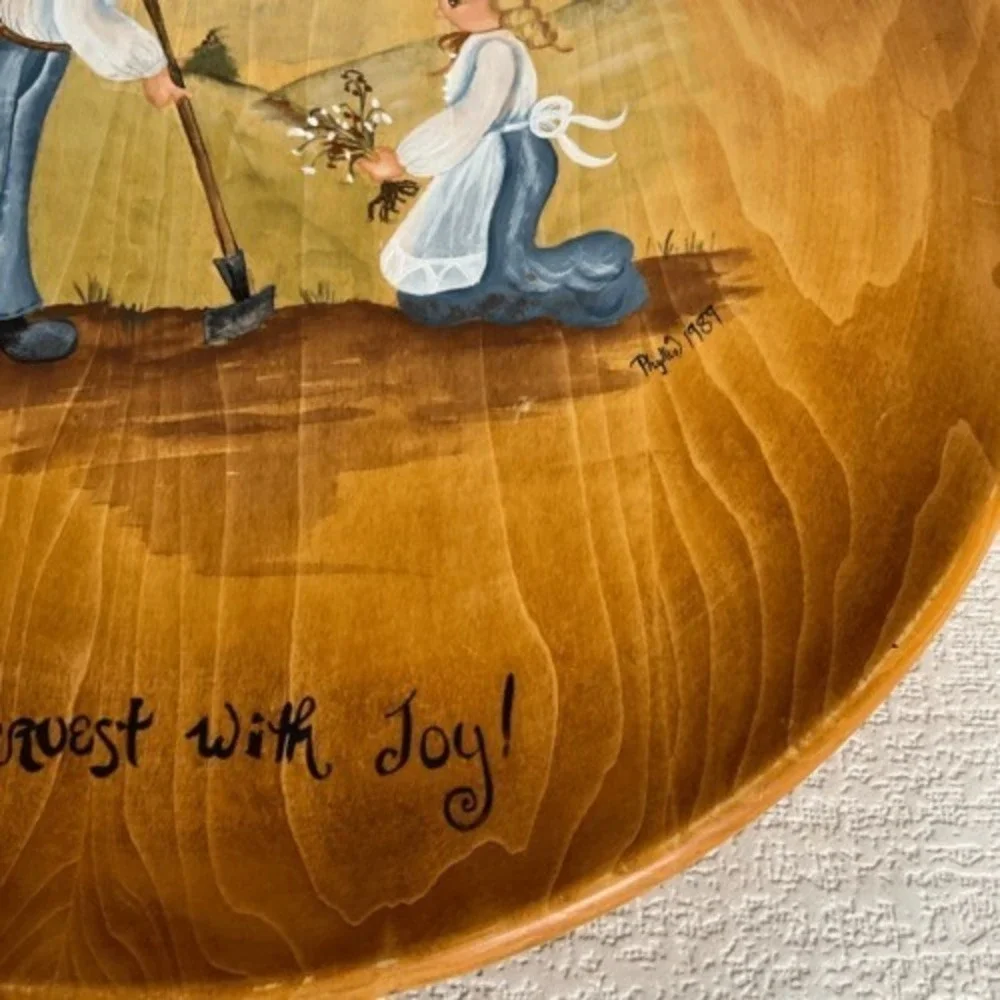 VTG 89's Folk Art Hand Painted Wooden Plate Plant with Love Harvest with Joy 14